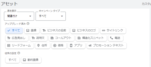 Google広告のアセット設定画面